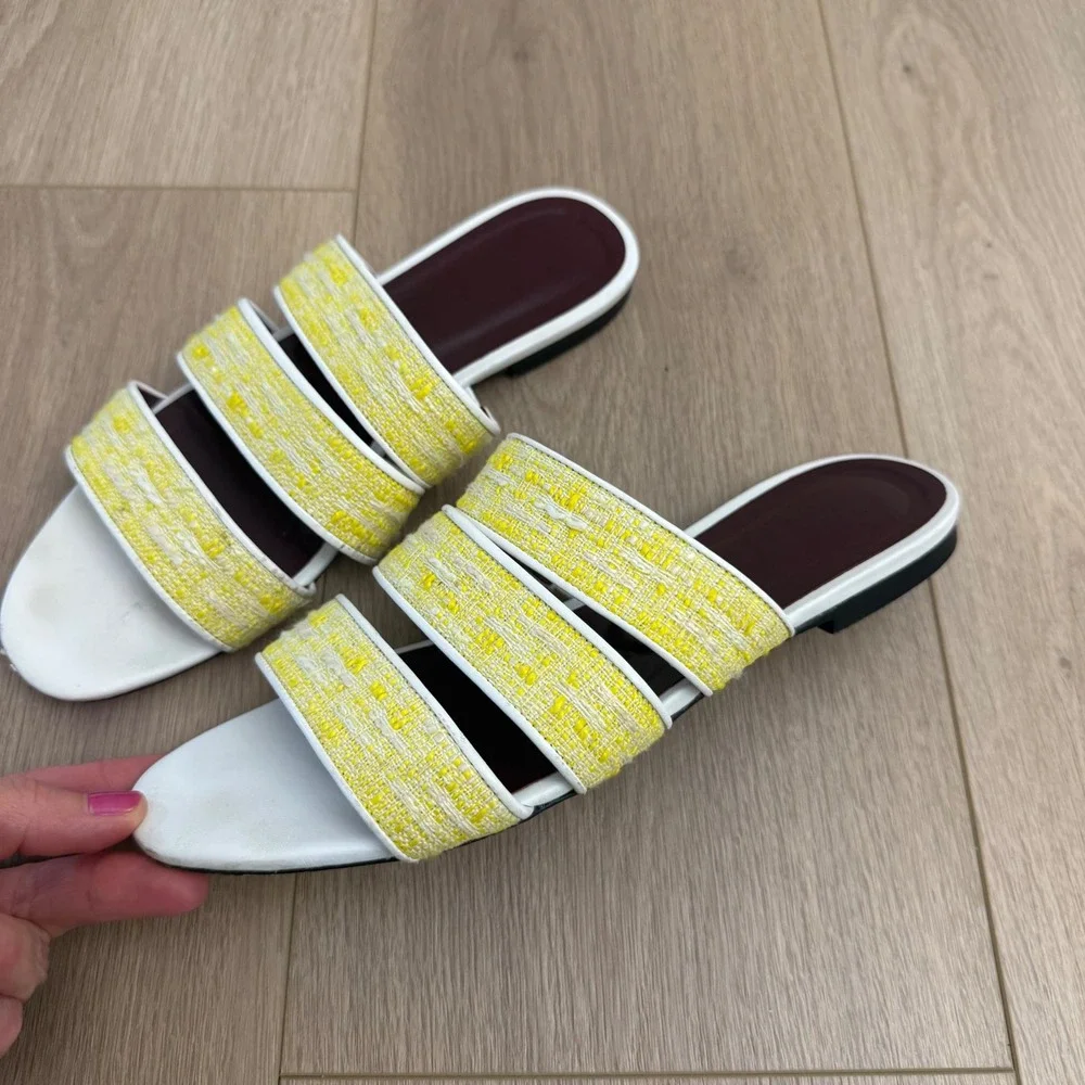 HH STAUD Yellow Tweed Triple Strap Slide Sandal White Leather Trim Flat Slide 38